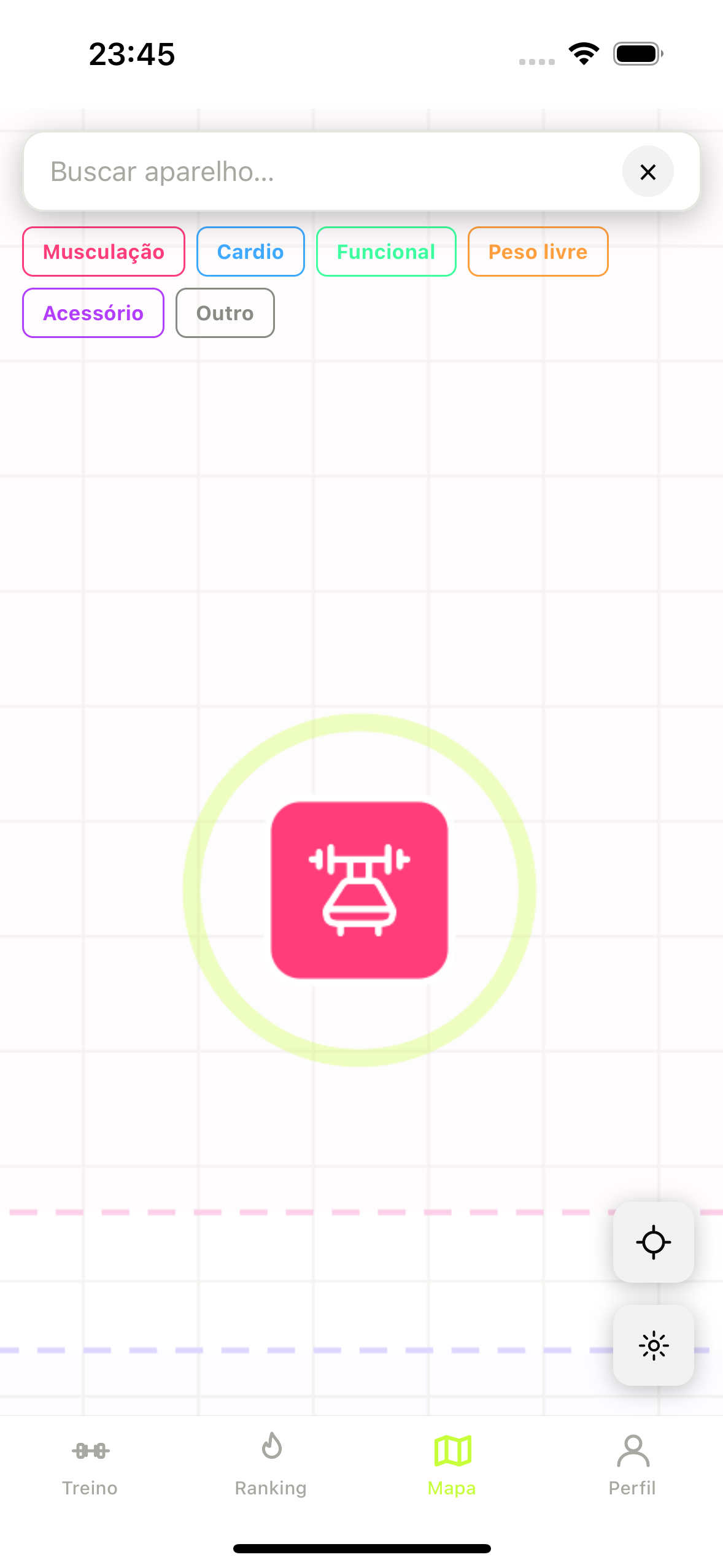Tela real do mapa do Daily Workout com um aparelho destacado