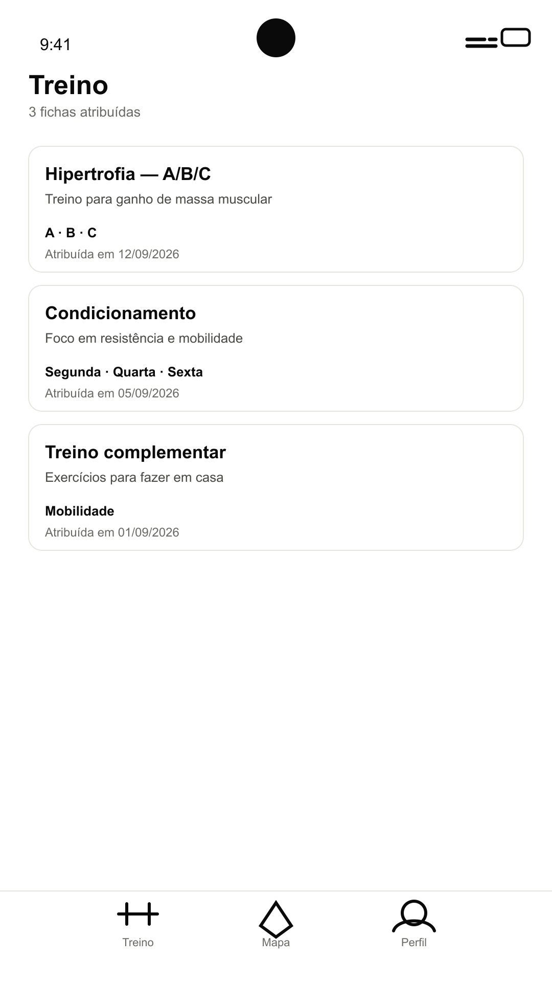 Ficha de treino digital com exercícios organizados